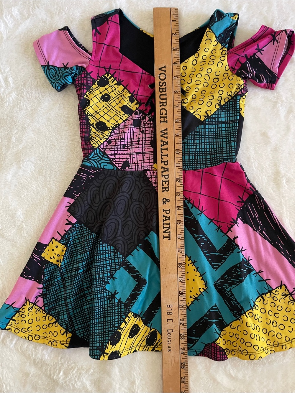 Nightmare B4  Girls Patchwork Print Cold-Shoulder Twirl Dress - Pink/Yellow/Teal - Picture 4 of 5